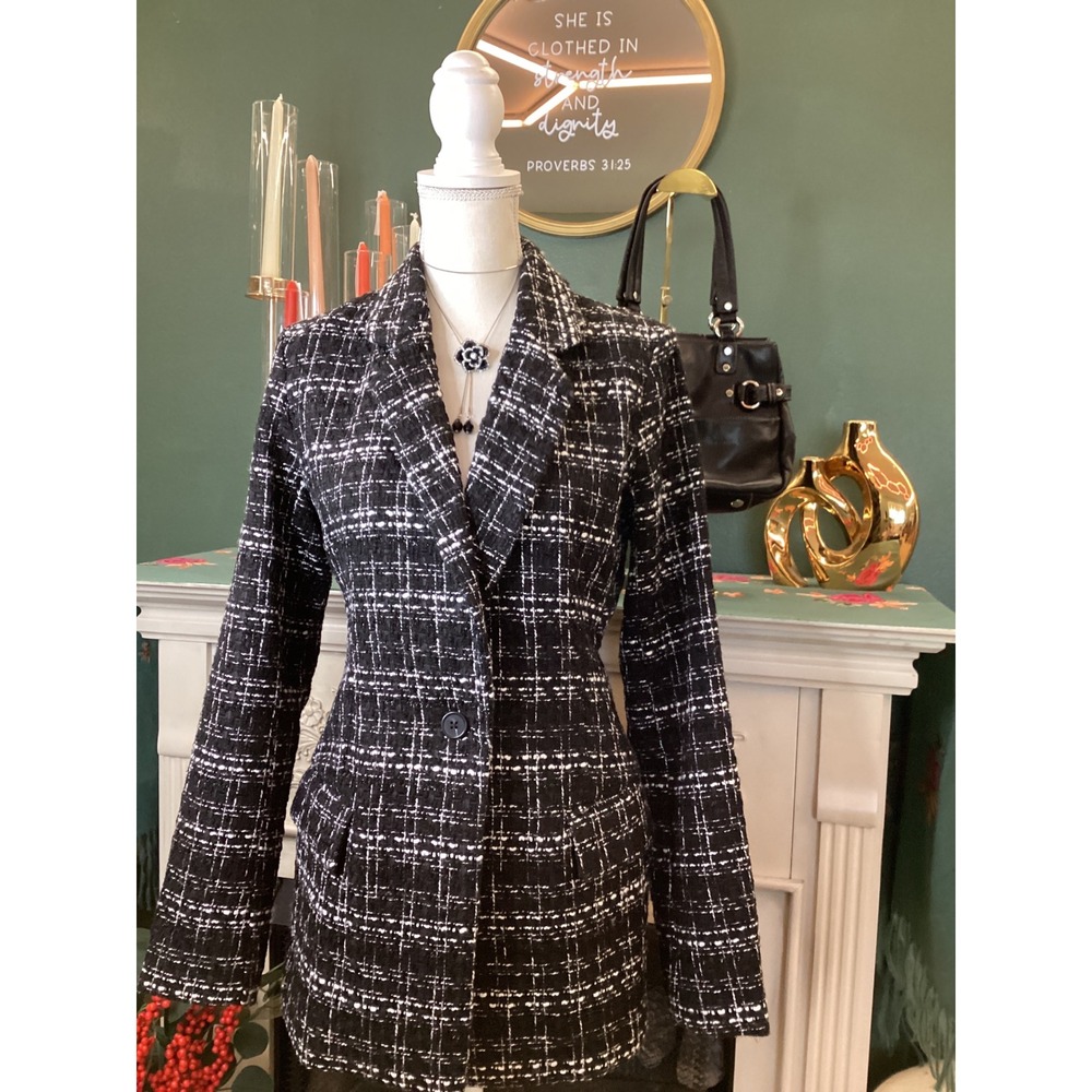 The Drop Women's Plaid Blazer Jacket Black‎ White Size Medium Business Casual